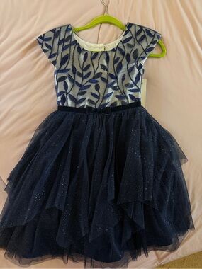 Navy Glitter Tulle Party Dress with Leaf Embroidered Bodice